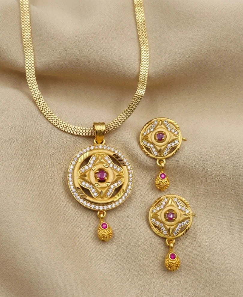 Ruby Petal Star 1 Gram Gold Plated Pendant Set | Visto Jewellery