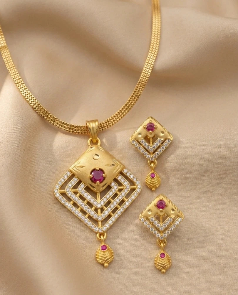Triangle Ruby Drop 1 Gram Gold Plated Pendant Set | Visto Jewellery