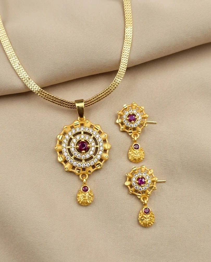 Circle Stone Elegant 1 Gram Gold Plated Pendant Set | Visto Jewellery