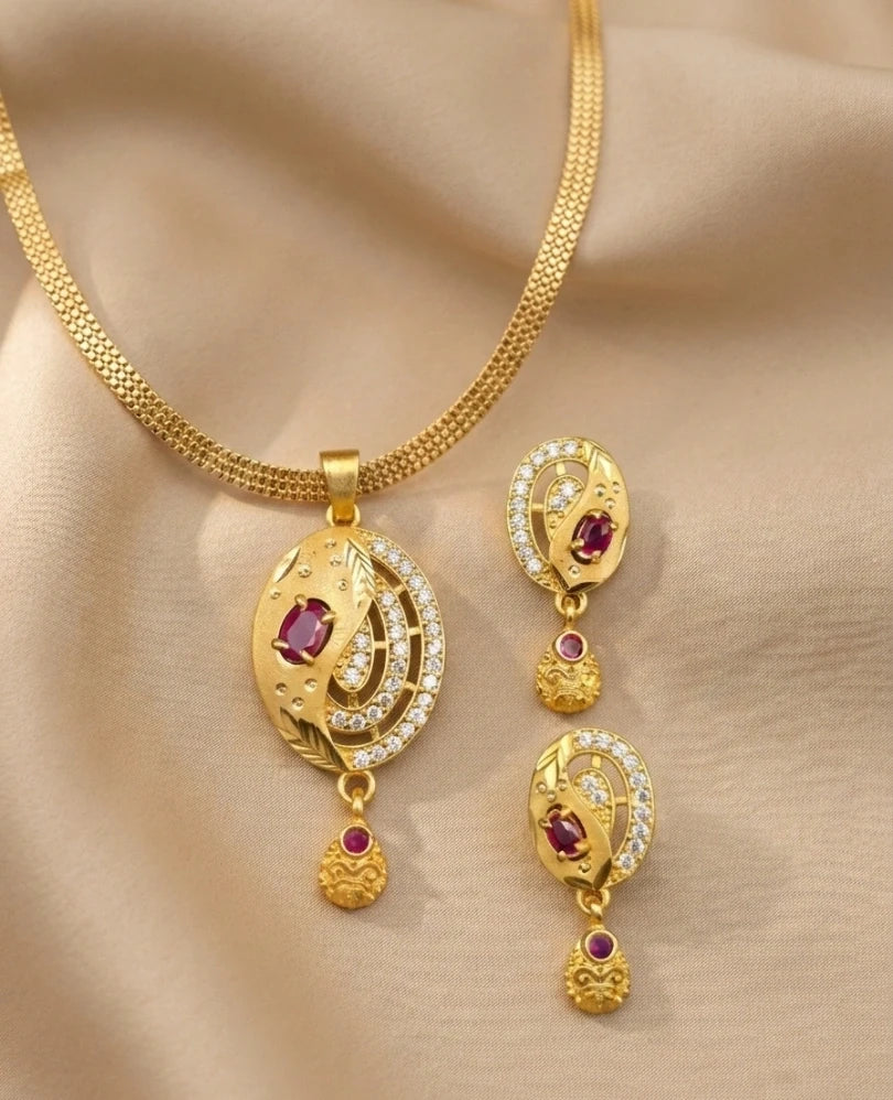 Leaf Design Ruby 1 Gram Gold Plated Pendant Set | Visto Jewellery