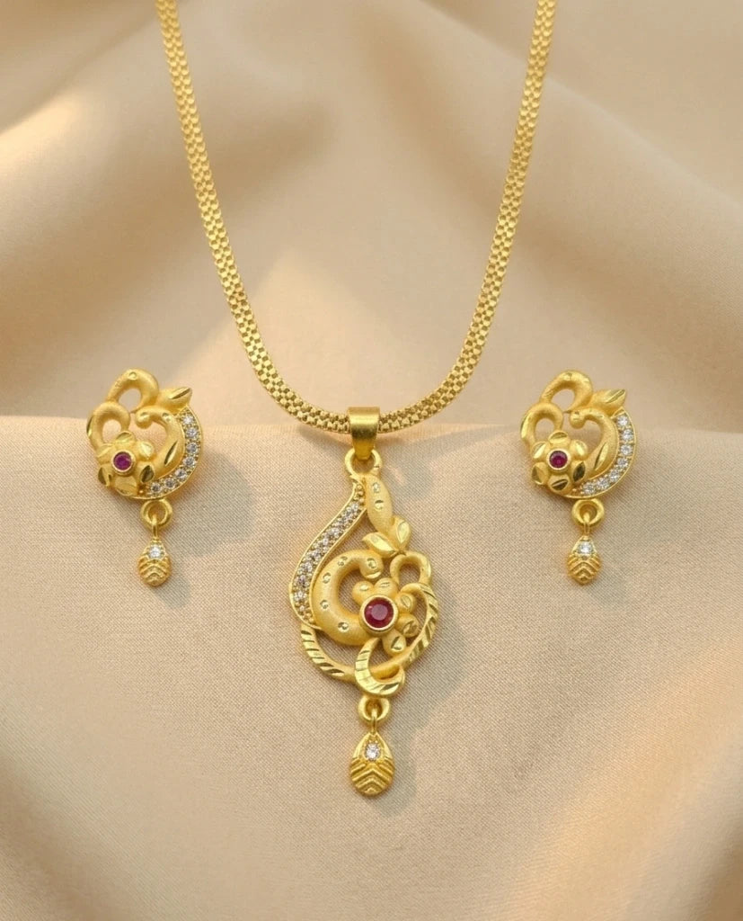 Peacock Feather Pendant 1 Gram Gold Plated Pendant Set | Visto Jewellery