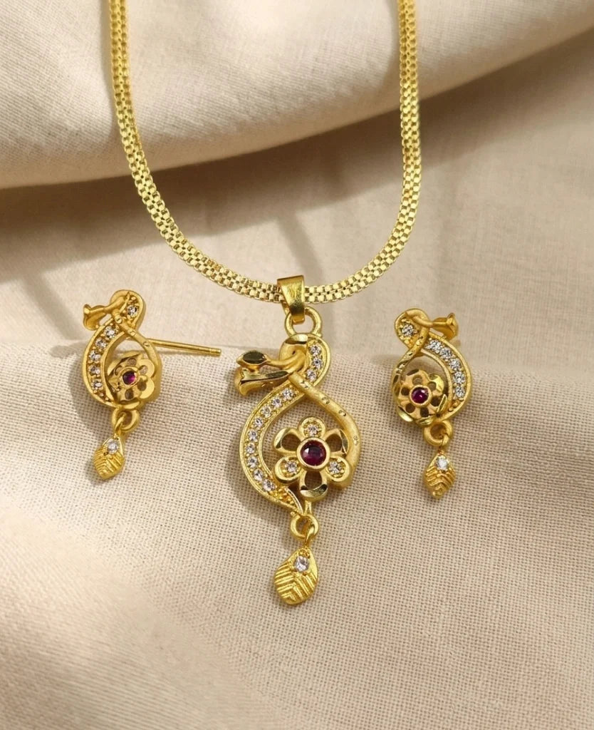 Crystal Embed 1 Gram Gold Plated Pendant Set | Visto Jewellery